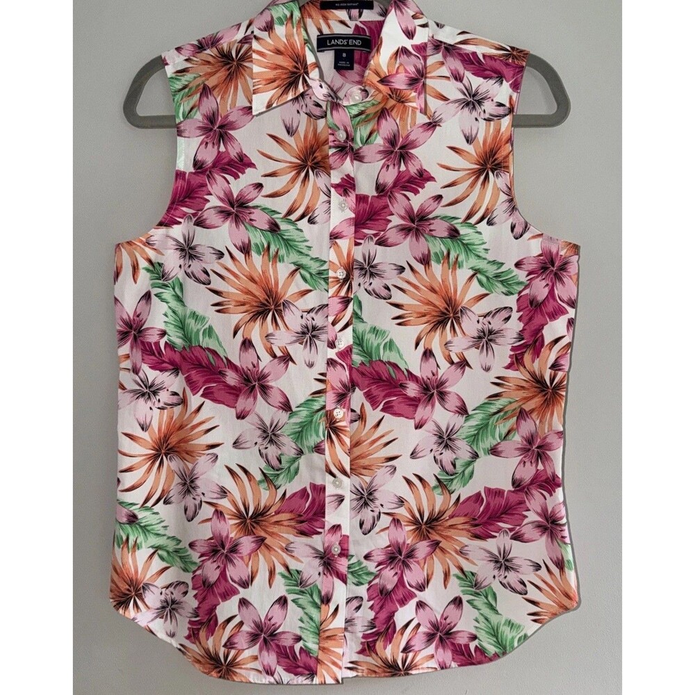 Lands End Tropical Floral No Iron Sleeveless Button Down Top Cotton Womans 8